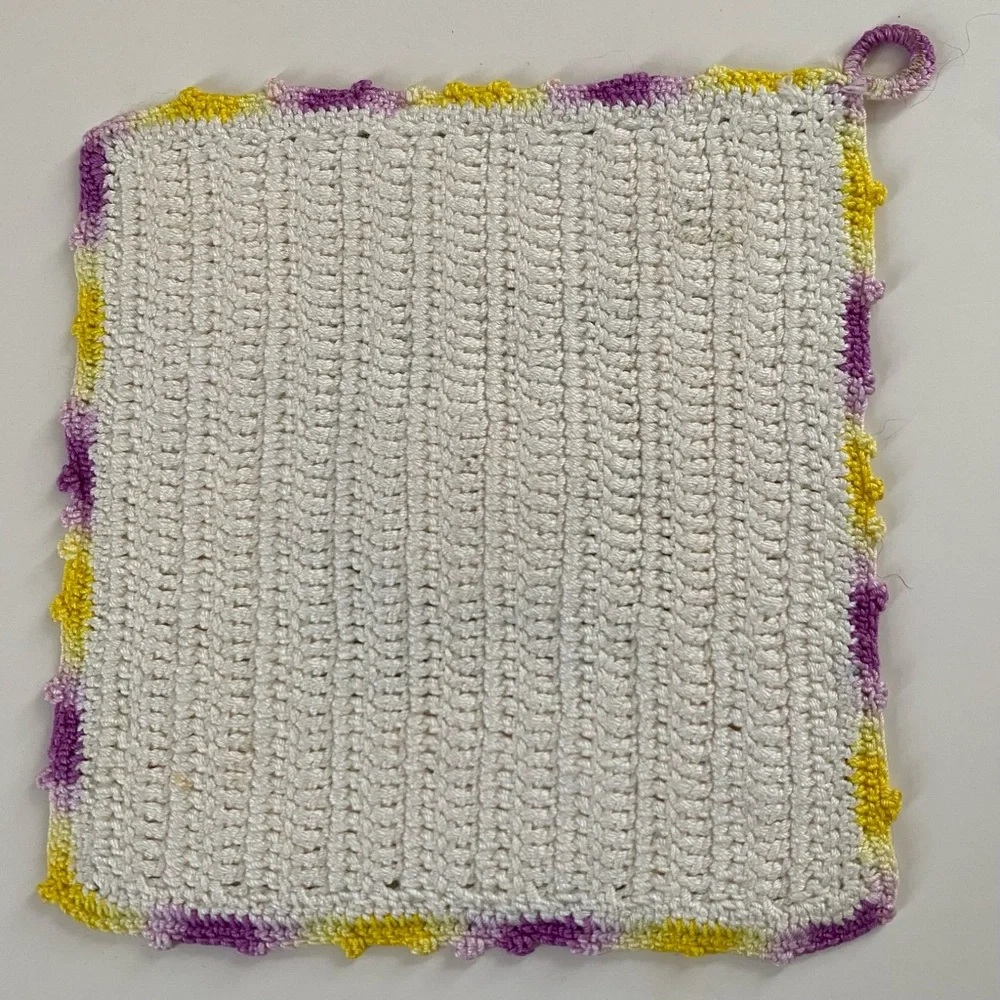 Vintage Hand Crochet Pansy Potholder Ivory Purple Yellow Green